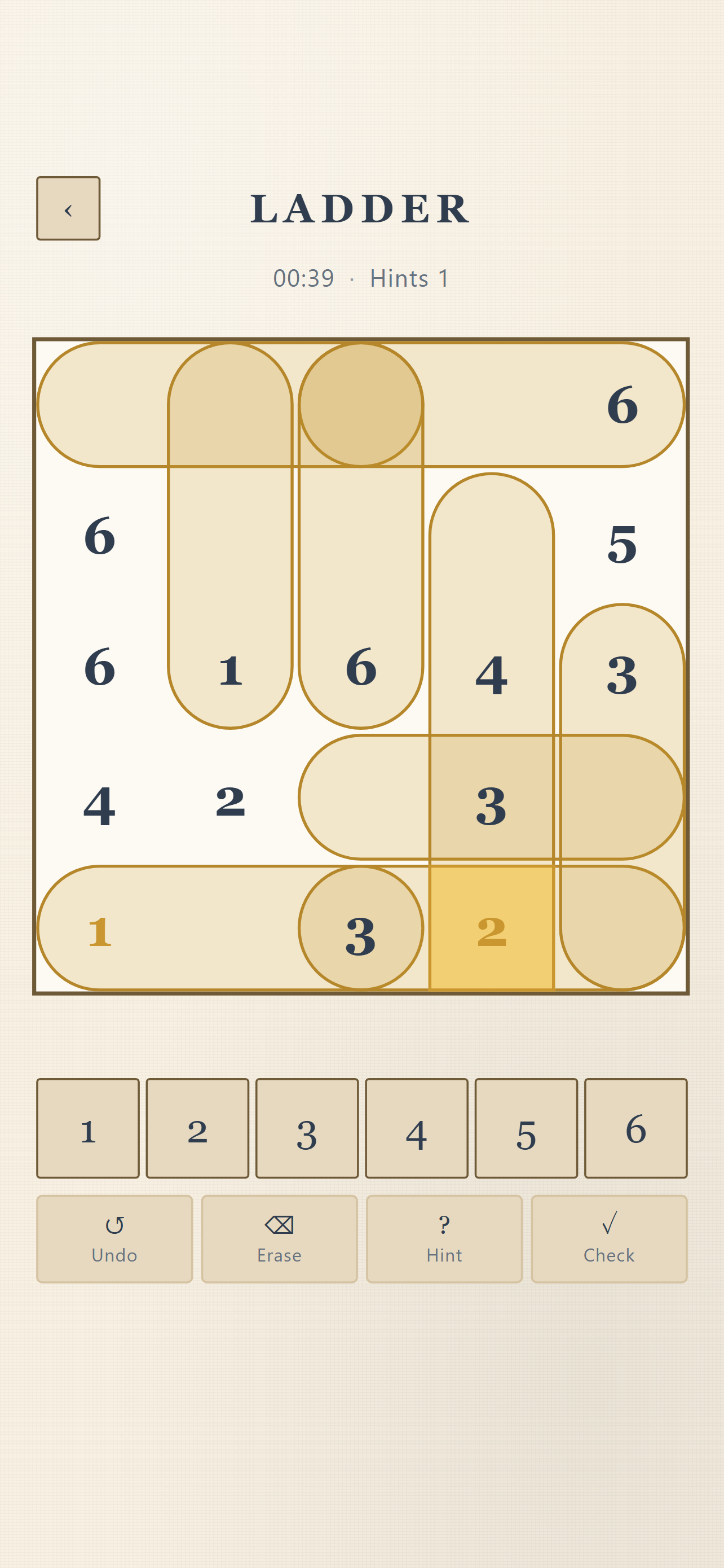 Ladder: a five-by-five grid with lit capsule bars across it and a number keypad below.