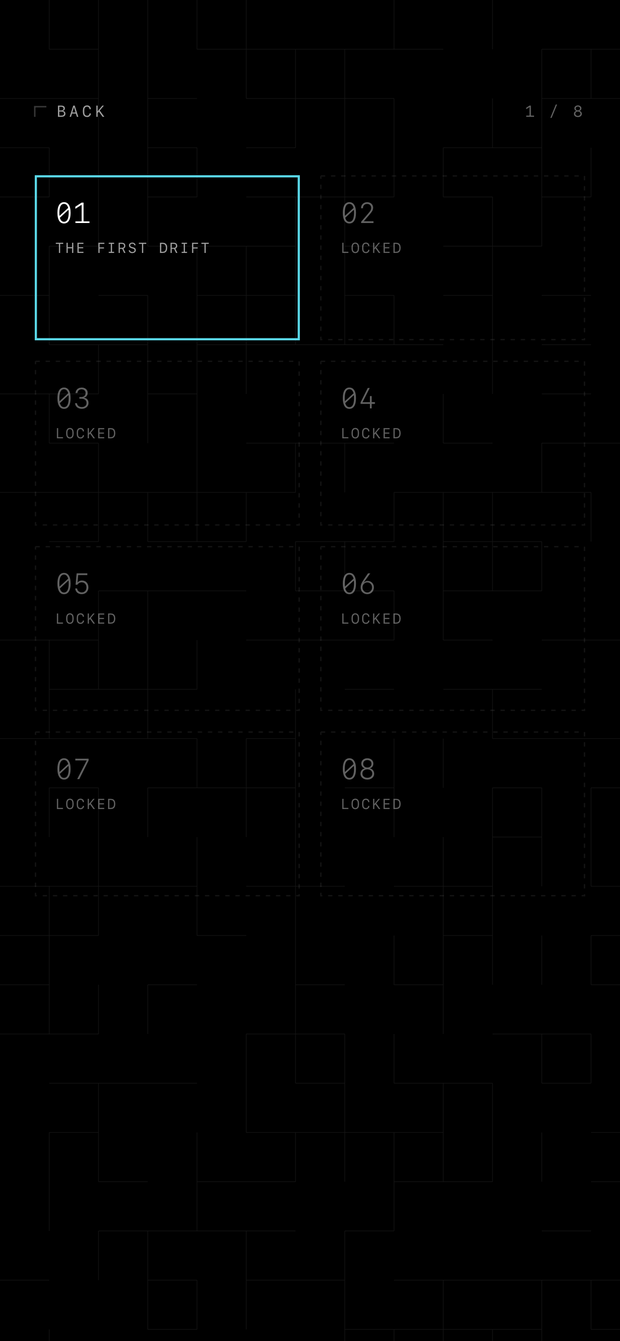 Level select grid showing the eight levels with their names
