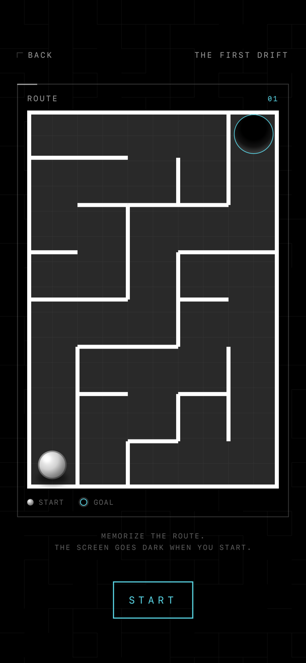 Level one shown in full: walls, the ball at the start, the hole ringed in cyan