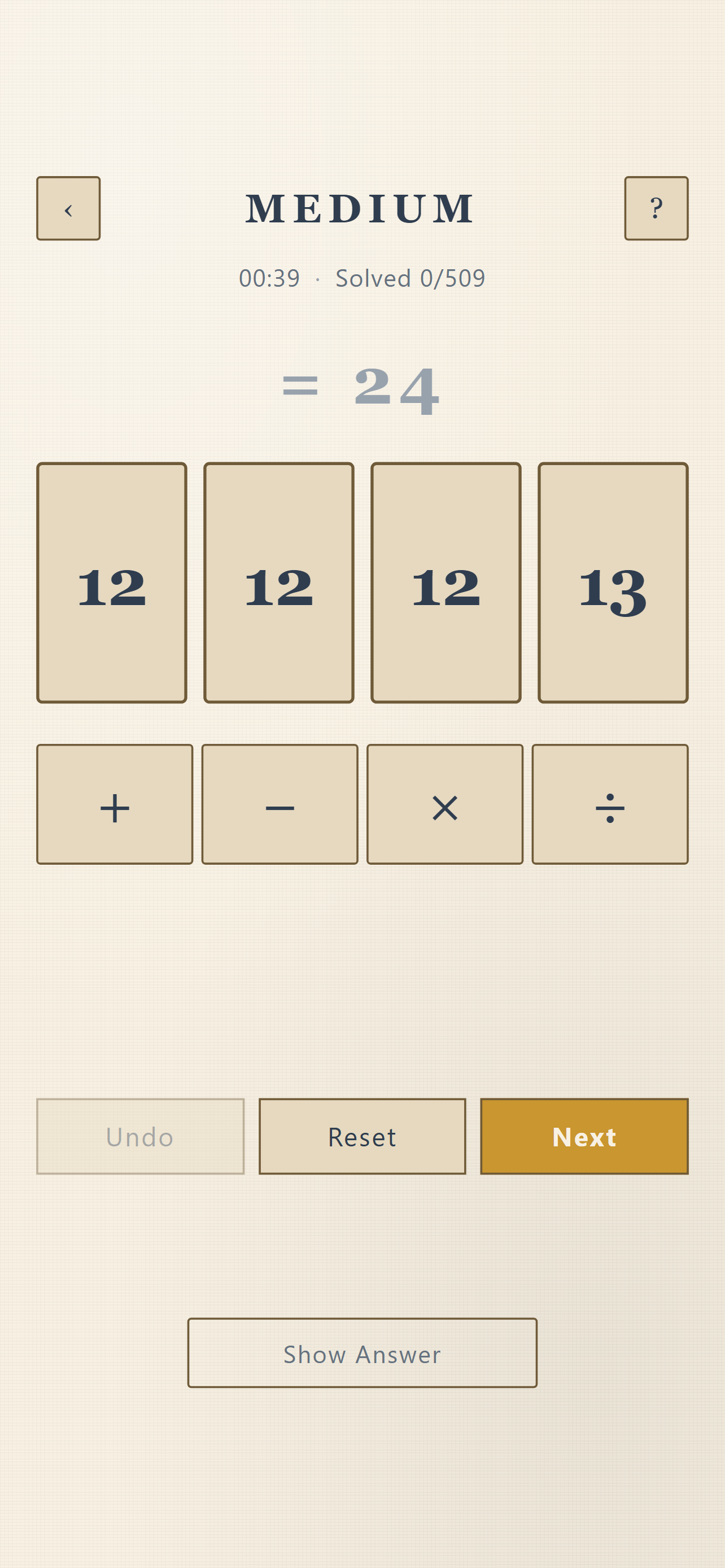 Make 24: four number cards above plus, minus, times and divide buttons.