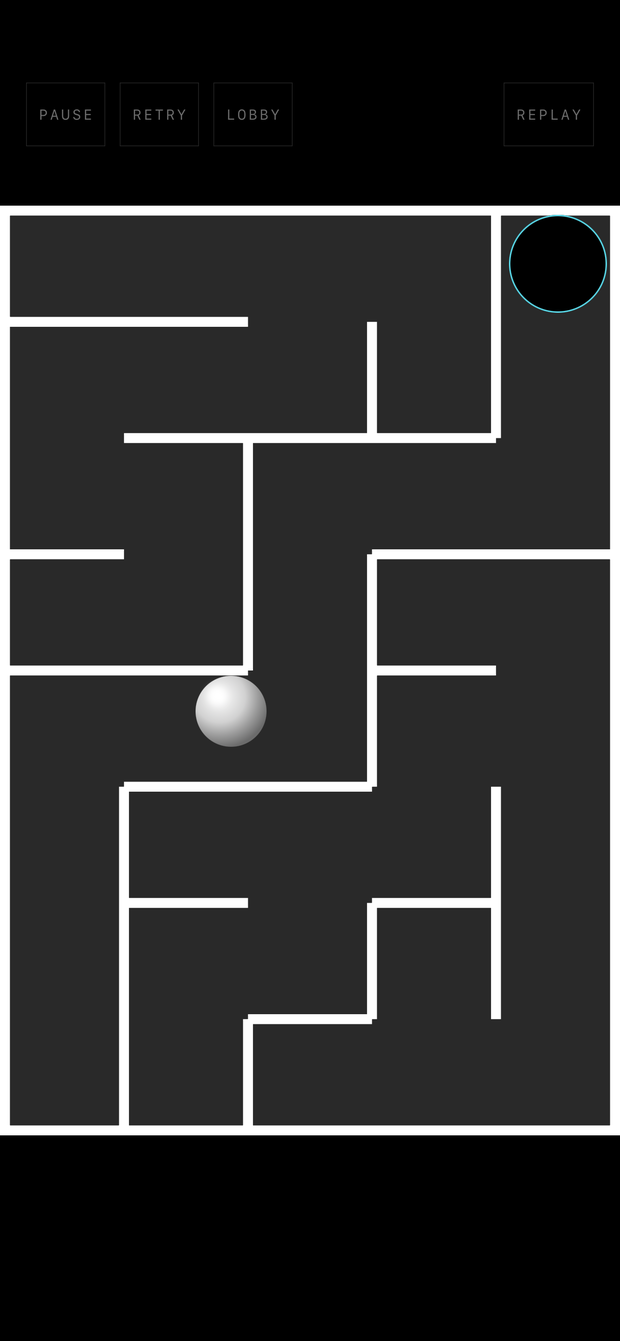 Mid-run in Normal: the ball part-way through the maze with the pause, retry and lobby controls above