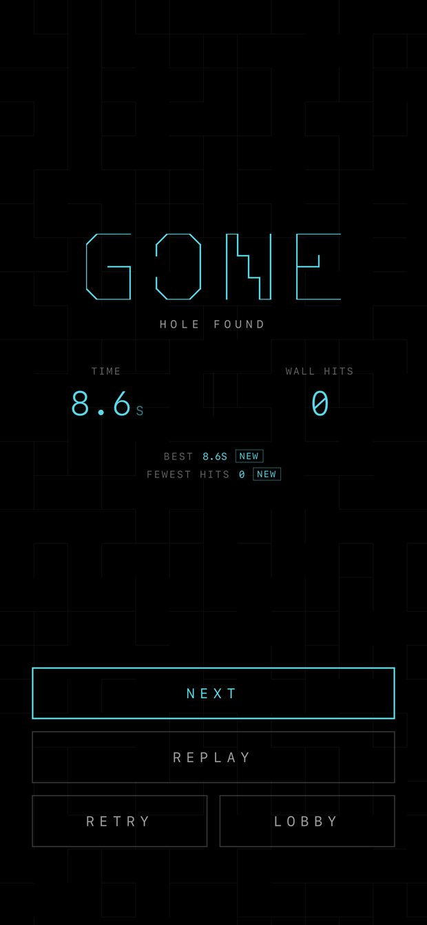 Result screen reading GONE, hole found, with the time and wall-hit count